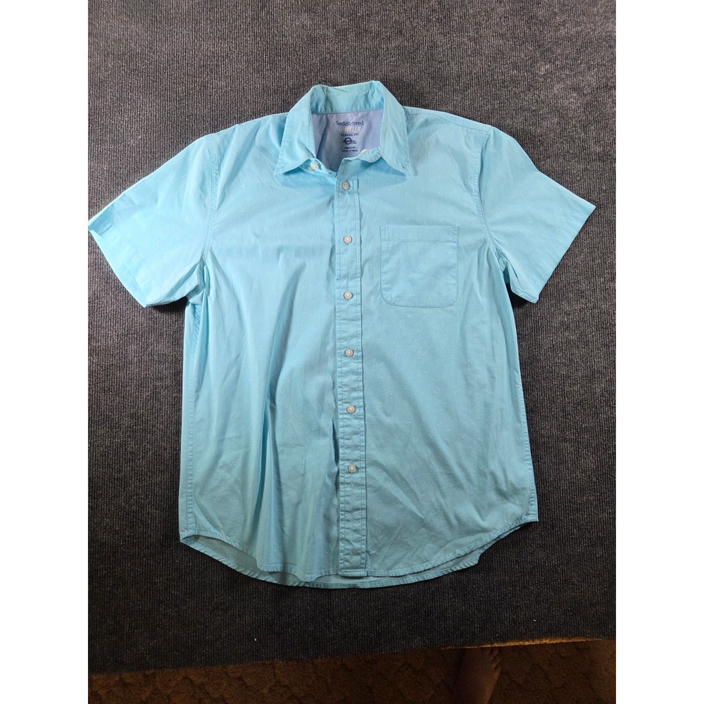 Saddlebred Traveler Mens Medium Light Blue Micro Dot Short Sleeve Button Shirt